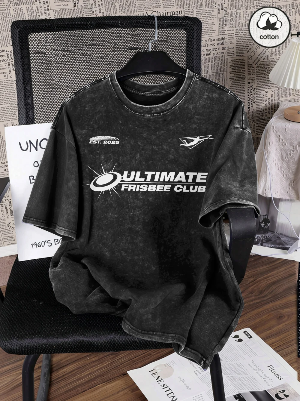 Ultimate Frisbee Club - Camiseta con estampado lavado para hombre, camisetas de algodón de gran tamaño, camisetas informales de manga corta con cuello redondo, ropa de verano para hombre