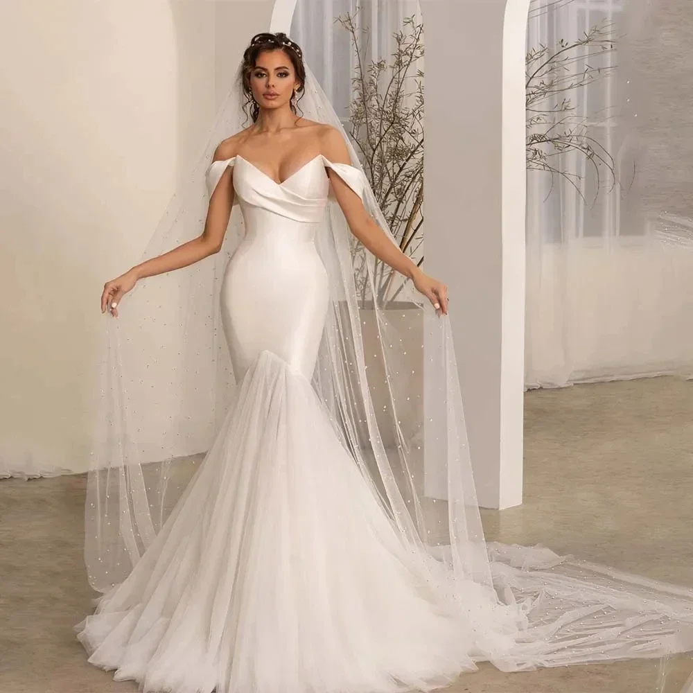 Classic sexy fashion mermaid satin V-neck off-the-shoulder slip dress tulle romantic wedding dress new 2024 Vestidos de novia