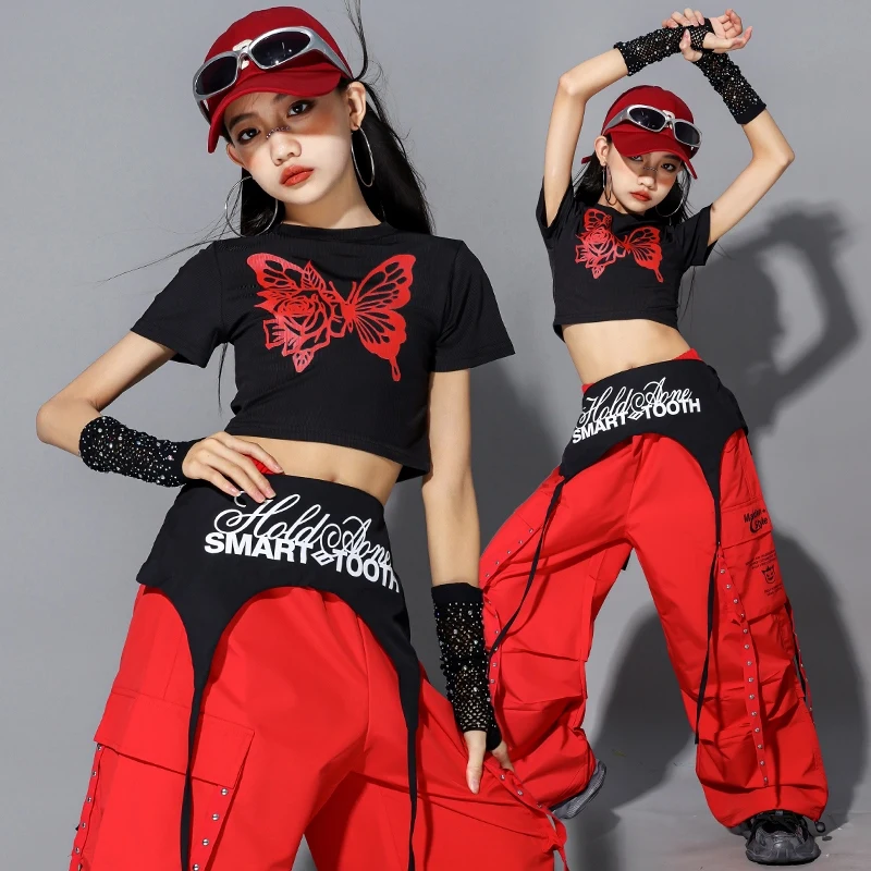 Jazz Dance Costumes Kid Girls Kpop Stage Outfit Red And Black Trendy Suit Crop Top Shuffle Pants Hip Hop Street Dance Wear 2362