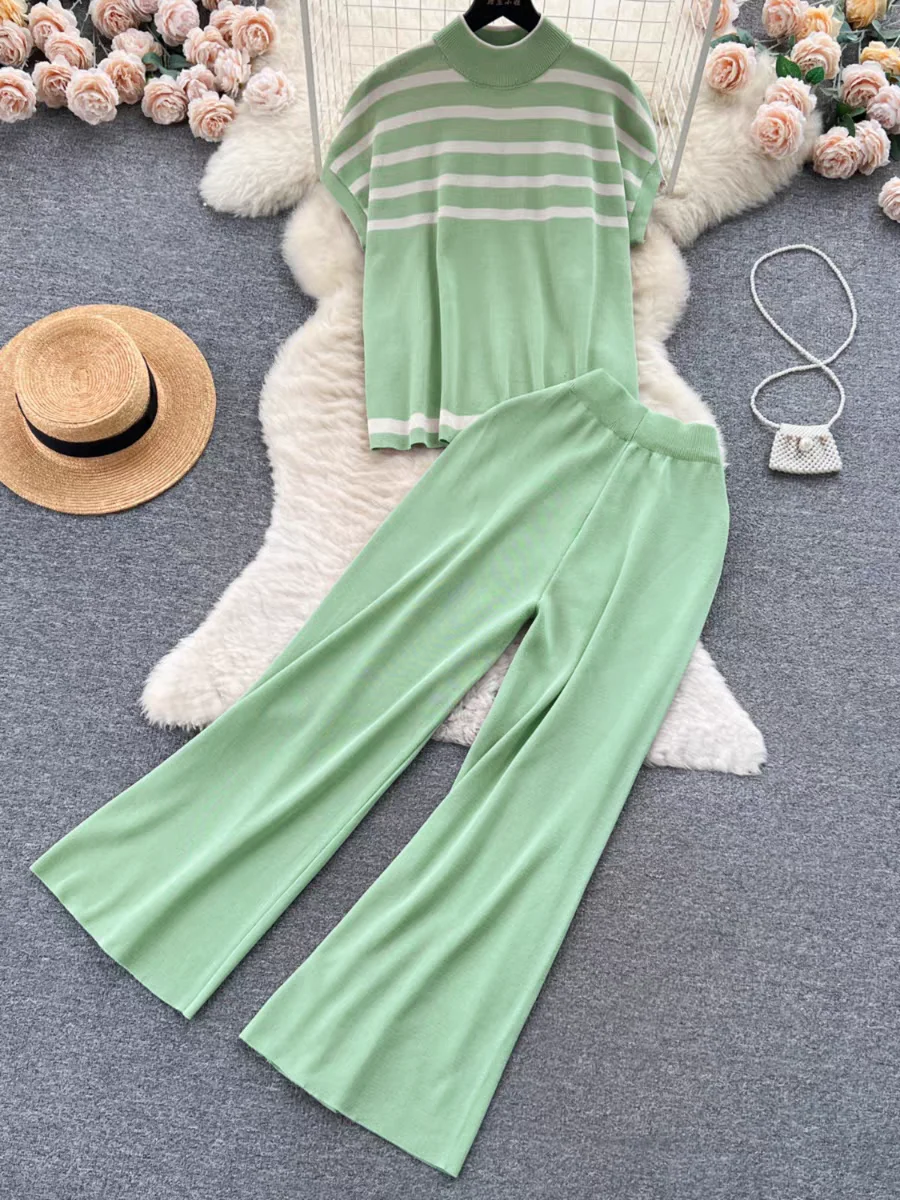 2024 Winter New Women Sweater Set Casual Pullovers Suits Knitted OL Loose Striped Sleeveless Elegance Tops Wide Leg Pants Korean