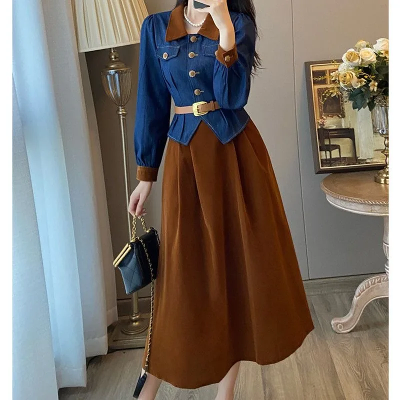 

2023 Autumn Winter Vintage Small Fragrance Dress High-end Temperament High-waist Skinny Denim Shirt Women Two-piece Set