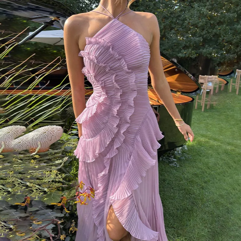 Elegant Chiffon Evening Long Dress Women Open Back Hanging Neck Pleated  Formal Dress Female Screw Thread Ball Gown Clothes DD16 - AliExpress  200000345