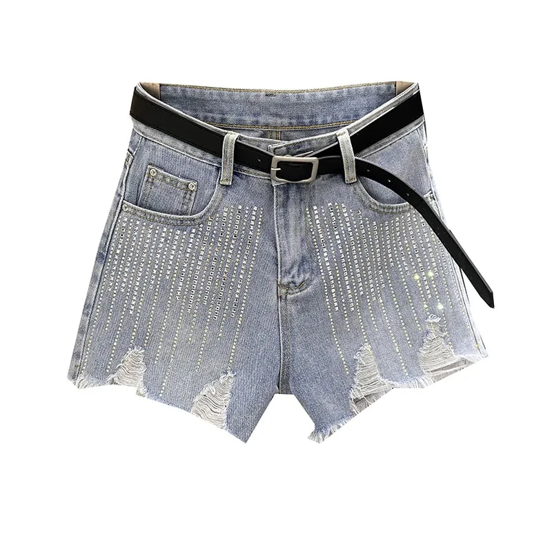 Pantaloncini in denim con foro rotto Nuova estate 2025 da donna Stampa a caldo personalizzata Bordi con diamanti Pantaloni caldi a gamba dritta a vita alta