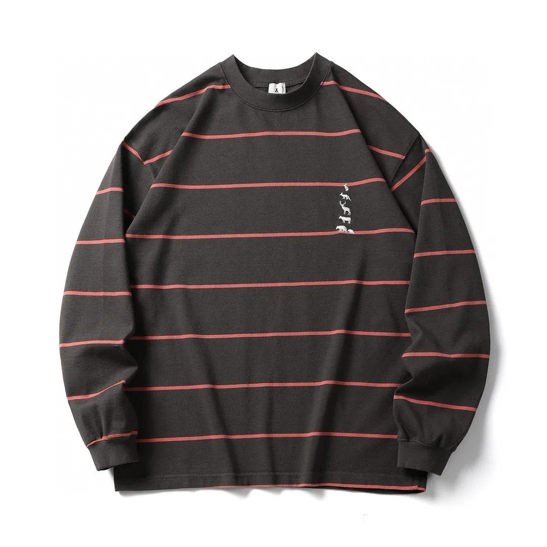 

Vintage Japanese Retro Striped Loose and Comfortable Pure Cotton Men's Long Sleeved T-shirt Base Shirt