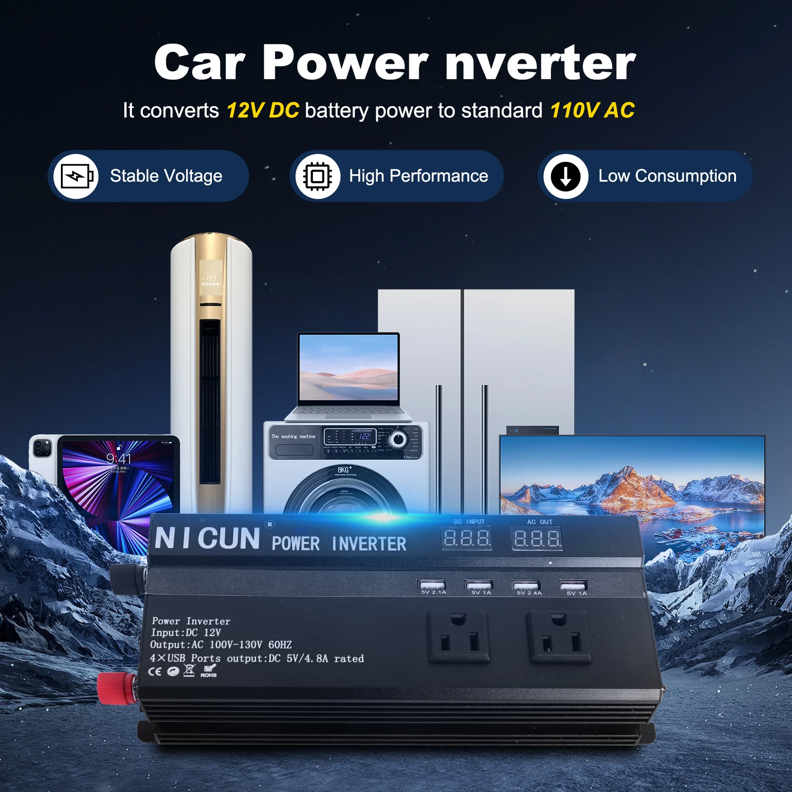 6000W Car Power Inverter DC 12V To AC 110V Pure Sine Wave Solar Power Converter 60Hz LCD Screen Display Portable Power Supply - view 4