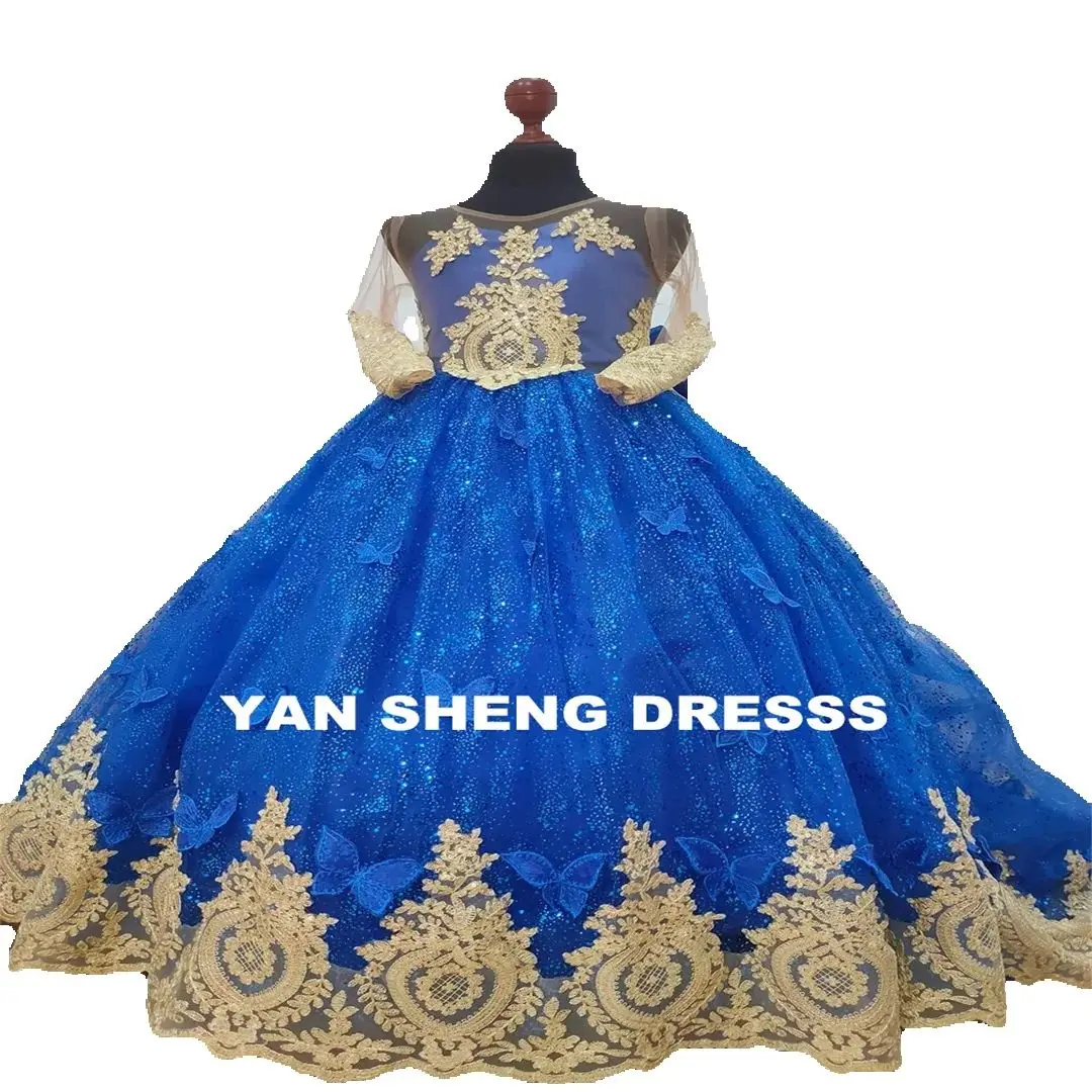 CustomizedDecal Gorgeous Long Sleeves Wedding Evening Flower Girl dress Dresses  Lace Big Bow Long Train First Communion Gown