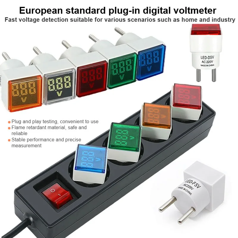 Direct insertion European standard square voltmeter, household digital AC voltmeter, universal energy-saving indicator light