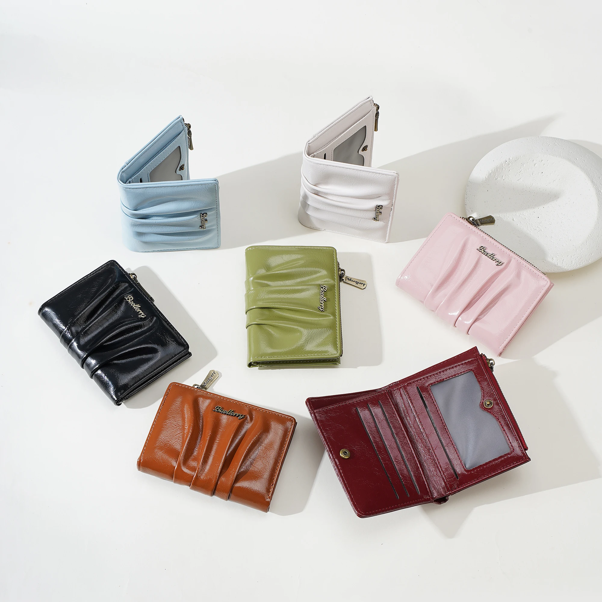 1 Stück Retro Plissierte Glänzende Öl-Wachs-PU Damen-Kurzgeldbörse, Doppelt Faltbare Schnappgeldbörse, Reißverschluss-Münzfach + Ausweisfenster, Geeignet für Outdoor-Dates, Geschenk für Frauen – Detail 39