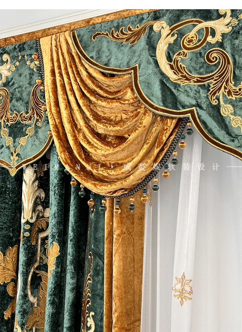 Custom European Upscale living room high window dark green embroidery velvet cloth valance blackout curtain tulle drape C1992