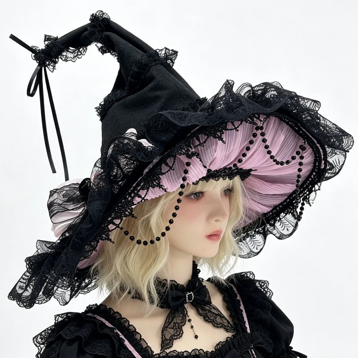 Trendy Lace Velvet Witch Hat Lace Trim Rose Bow Halloween Costume Party Masquerade Cosplay Party Accessory Cosplay Witch Caps