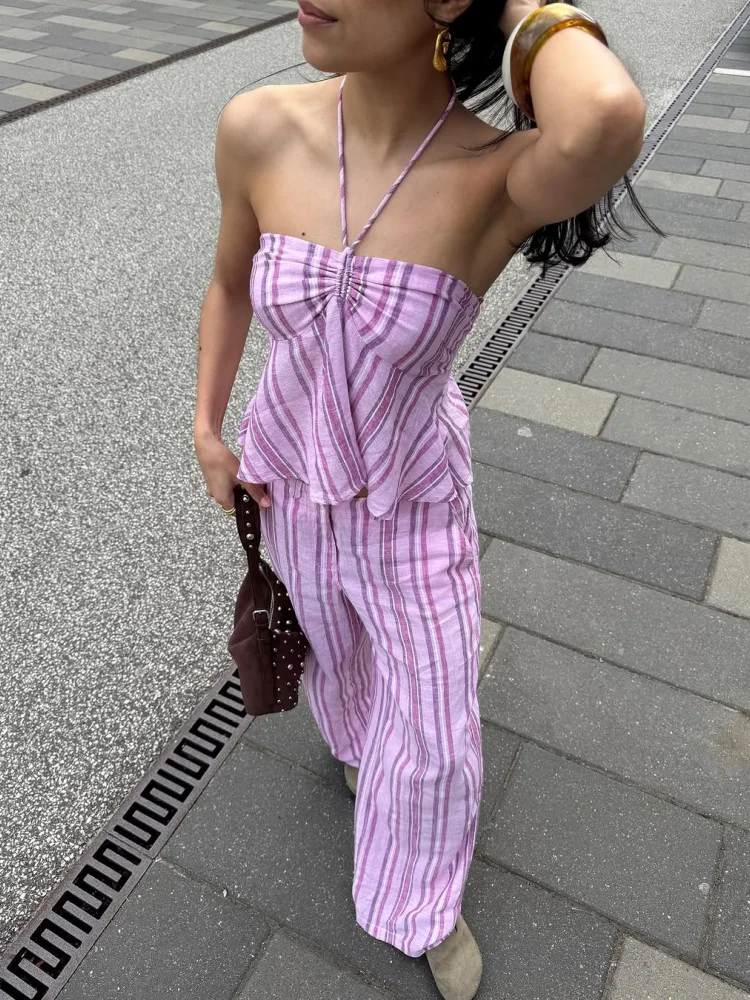 

Halter Striped Slip Top Pants Two Piece Set Women Pink Lace Up Hanging Neck Strapless Pleated Hem Strap Blouse Wide-Leg Trousers
