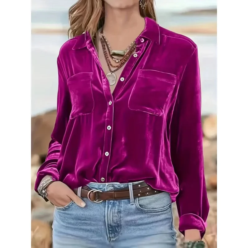 Women\'s Solid Loose Single Breasted Shirt Spring Autumn New Velvet Blouse Top Women\'s Long Sleeve Pocket Turn-down Collar Shirt