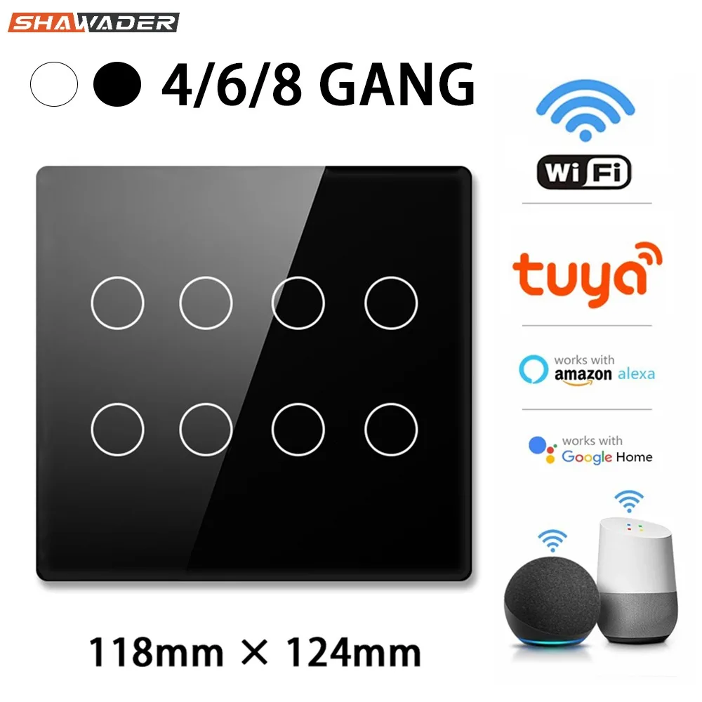 Shawader 4x4 Brazil Tuya WiFi Smart Switch,AC110-220V Touch Sensor Panel 4/6/8Gang Light Switch APP Control by Alexa Google Home