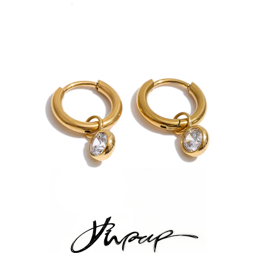 Yhpup Stainless Steel Zirconia Round Drop Hoop Earrings Prevent Allergy Metal Popular Aesthetic Daily Wear Jewelry