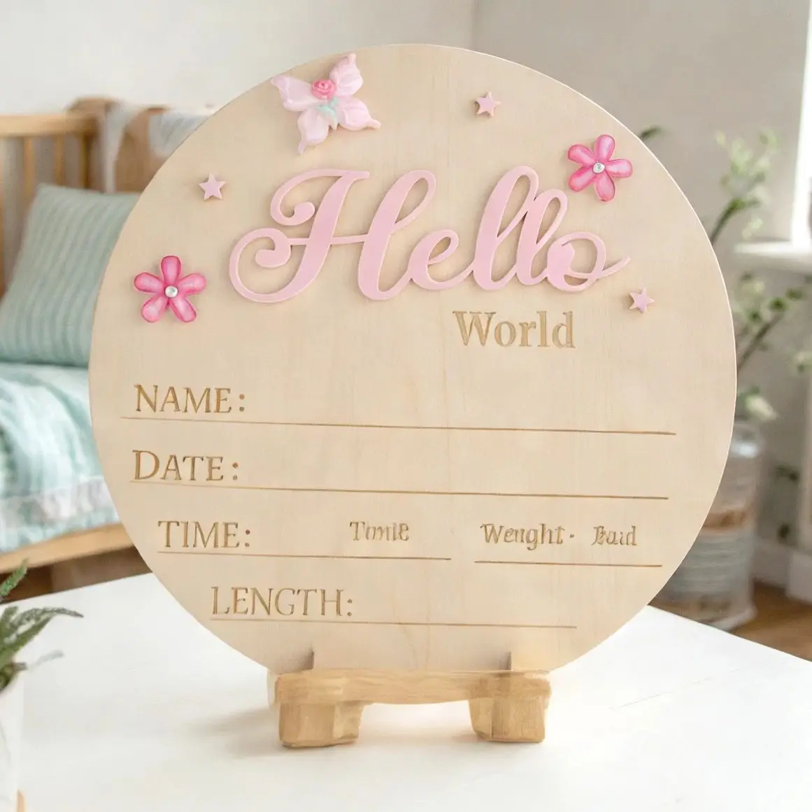 Ylsteed Pink Butterfly Hello World Newborn Name Sign Little Flower Star Deco Baby Birth Announcement Newborn Girl Photo Props-HD