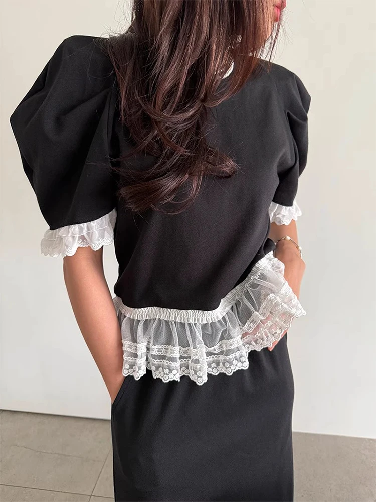 

Faionable Lace Splice ort Sve T-irt And High Waist Slimming Skirt Two-Piece Set for Women Summer New Arrival