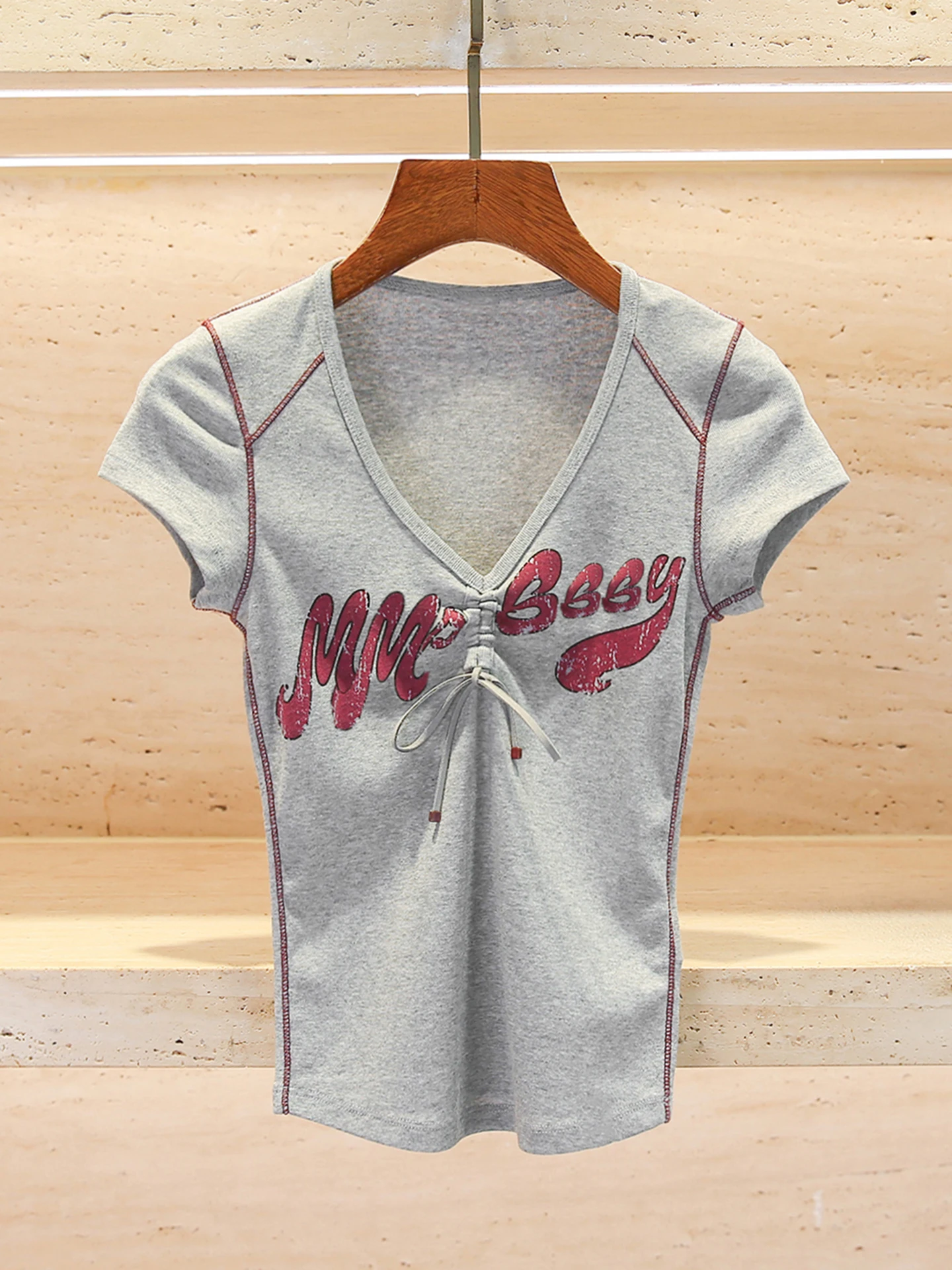 

South Oil High-End Women's Summer American Hot Girl Style Letter Print V-Neck T-Shirt Top Women's Fashion Casual Breathable