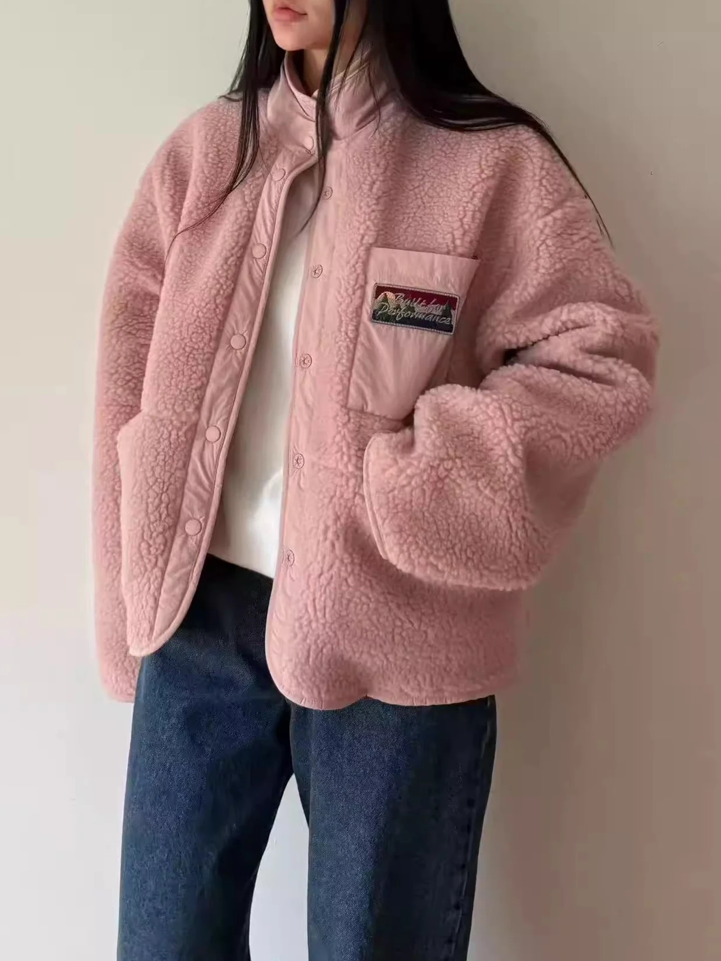 

Gagarich Stand Up Collar Letter Patch Pocket Lamb Wool Short Coat Women 2025 Winter New Style Double-sided Cotton Jacket Top