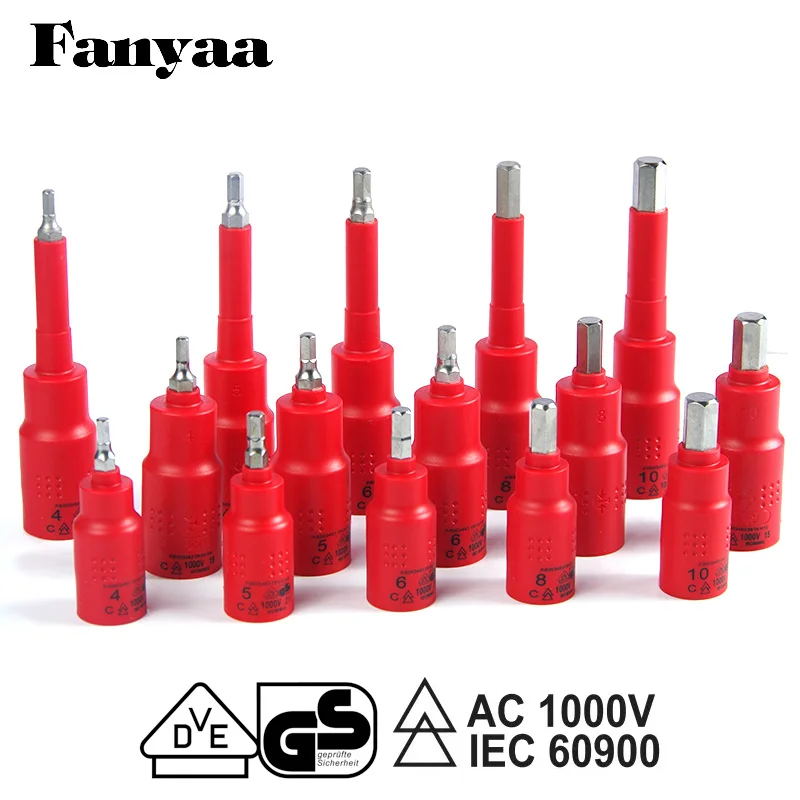 Fanyaa VDE Nut 3/8, 1/2 Dr. Individual Insulated Hex Bits Sockets Spanner Insert Tool Hexagon 6Pt. Metric 4-10mm Adaptor Wrench