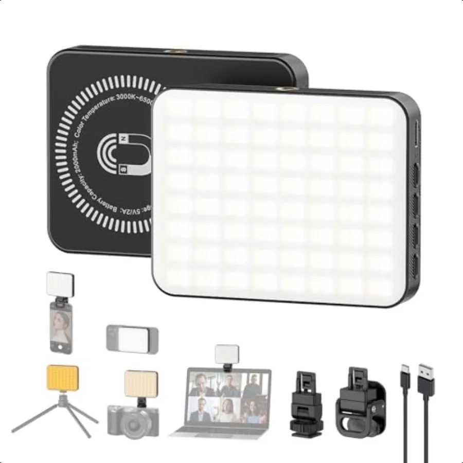 

Smiling Portable Camera Light with Clip 2000mAh Rechargeable CRI 80+ 3 Color 10 Brightn Magnetic LED Video Light for Laptop Ph