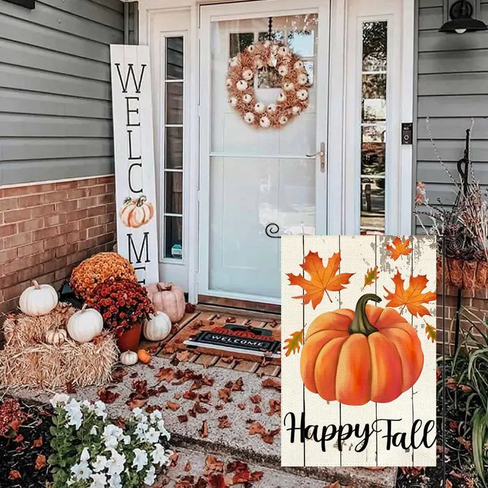 RABUSOFA Happy Fall Garden Flag 12x18 Inch Double Sided for Outside, Thanksgiving Pumpkin Autumn Leaves Outdoor Seasonal Yard Fl