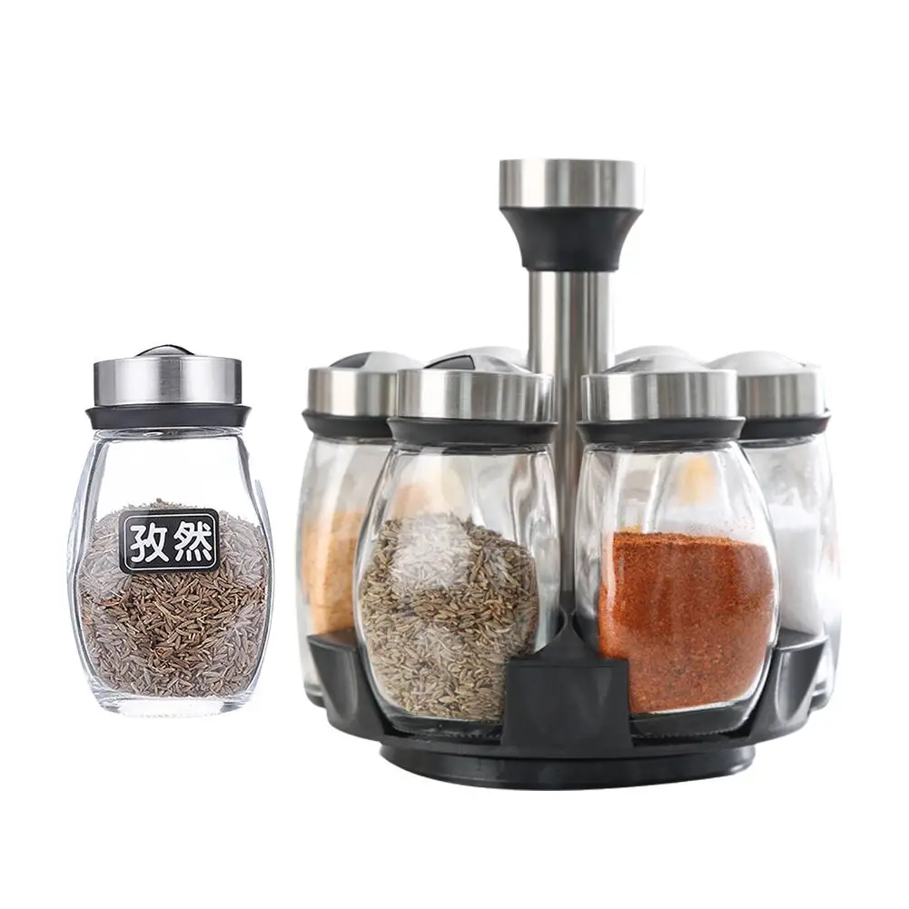 6-Jar Revolving Spice Rack Seasoning Jar Combination Set Rotating Base Seasoning Bottle Spice Storage Container