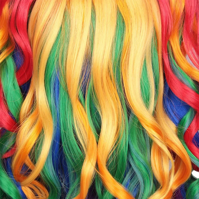 قوس قزح اللون طويل مجعد الشعر الكرة فستان احتفالي أغطية الرأس غطاء شعر مستعار حفلة عيد ميلاد الملابس والاكسسوارات شعر مستعار ذيل حصان مزدوج