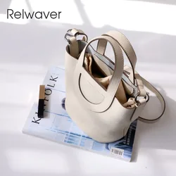 Relwaver genuine leather bags women 2023 spring summer bucket hand bag beige white grey small cow leather shoulder crossbody bag