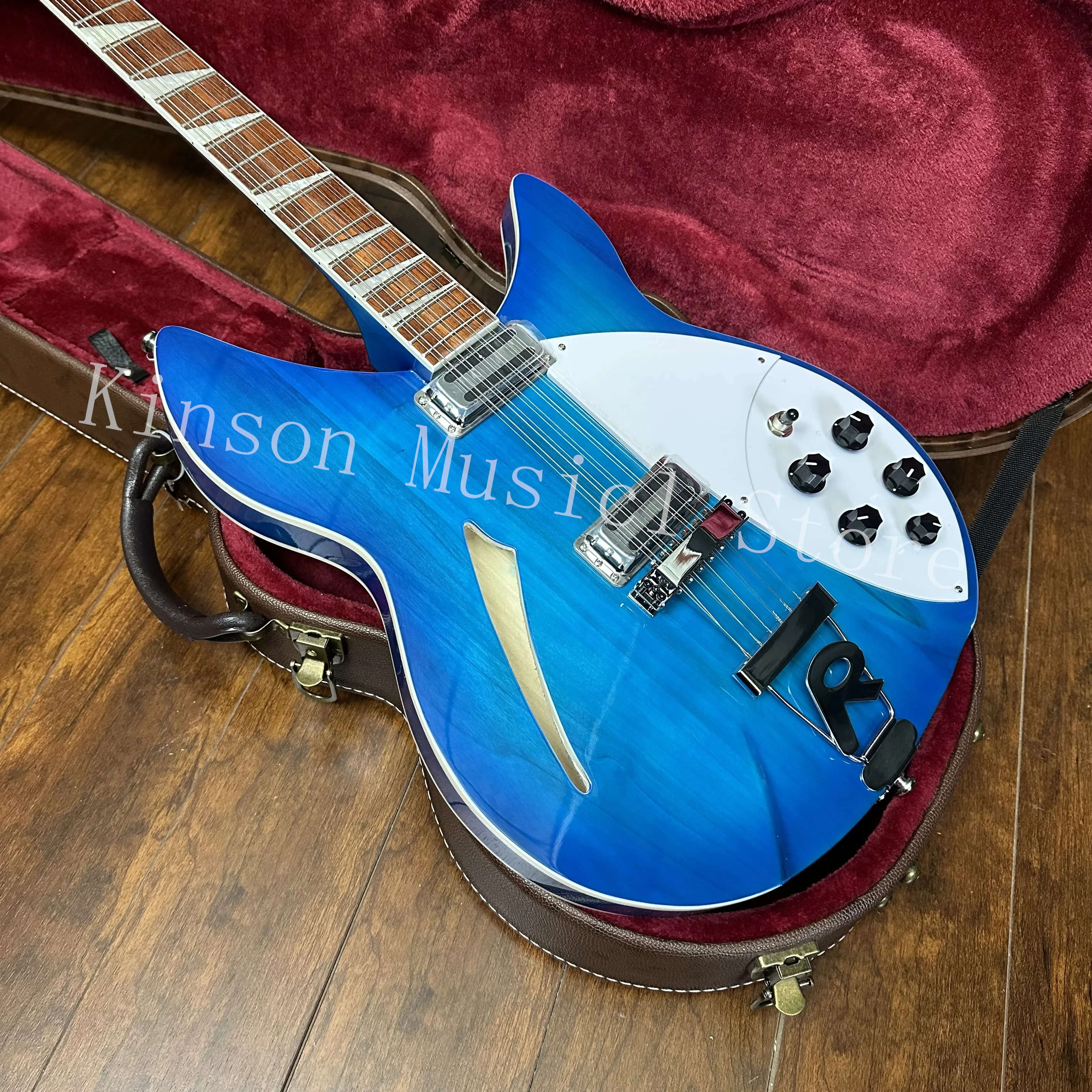 

Semi Hollow Body Electric Guitar, Metallic Blue Color, 360 Electric Guitar, Double Output Jacks, 12 Strings