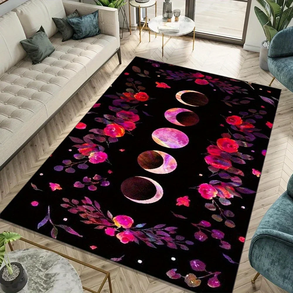 

1pc Polyester Moon and Floral Design Area Rug - Easy-Care Crystal Velvet Carpet for Living Room, Bedroom, Kitchen, Porch, Balcon