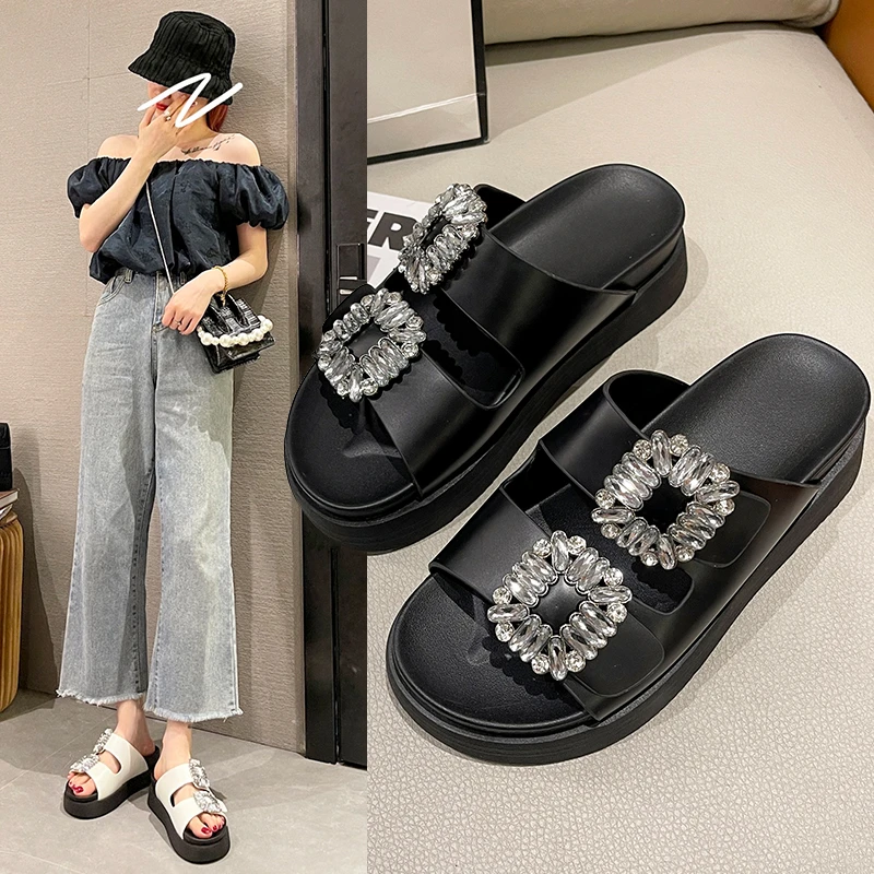 2023 Rhinestone Crystal Buckle Slippers Women Brand Design Crystal Double Flip Flops Female Platform Slides Sandals