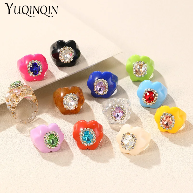 New Trendy Colorful Acrylic Rhinestone Rings Sets for Women Flower Large Finger Rings for Girls Korean Party Jewelry INS Gifts