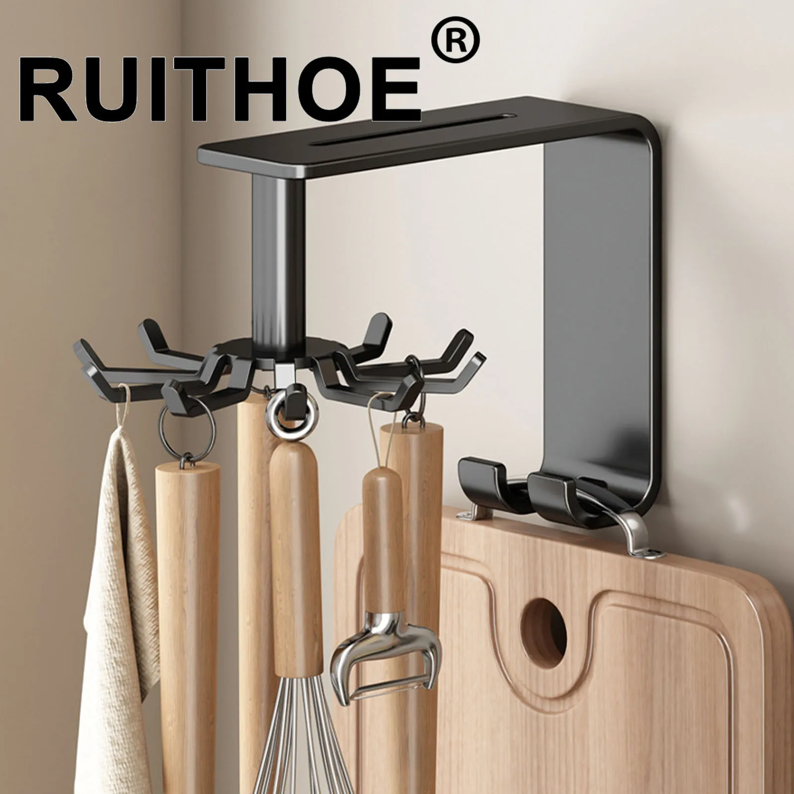 

360° Swivel Wall Hangers Kitchen 10 Piece Hooks Rack No-Punching Kitchen Utensils Shovel Chopping Board Storage Stainless Steel