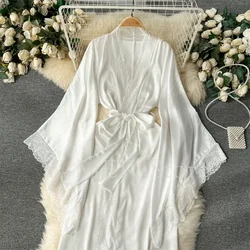 Ultra Long Birde Wedding Robe Dress White Kimono Lady Loose Sleepwear Sexy Big Lace Sleeve Bathrobe Nightwear Rayon Peignoirs