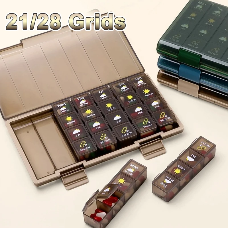 

Portable Pill Organizer Weekly Days Medicine Box 21/28 Grids Removable Compartments for Tablets Vitamins Travel Friendly Design