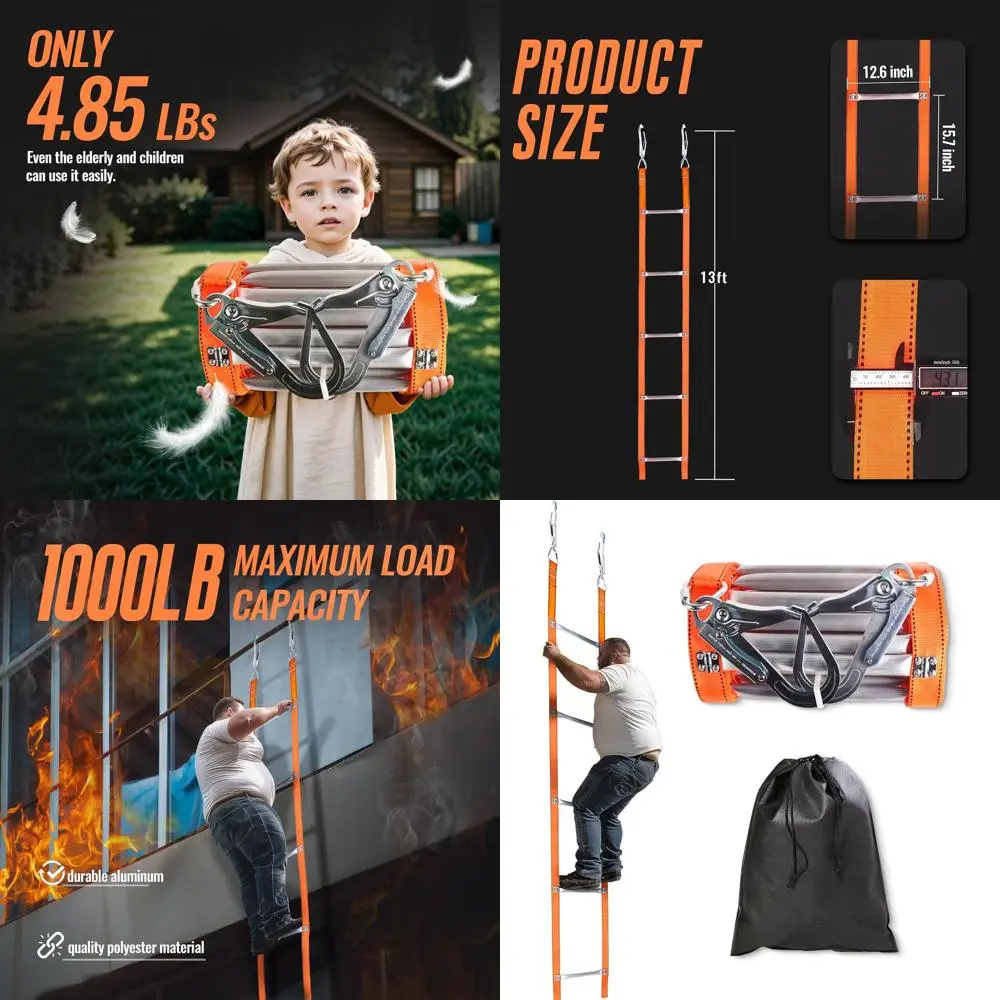 

Пожарная лестница длиной 13 футов с 2 тяжелыми крючками, 2-этажная аварийная пожарная лестница с алюминиевыми противоскользящими ступеньками для детей и взрослых, Reu