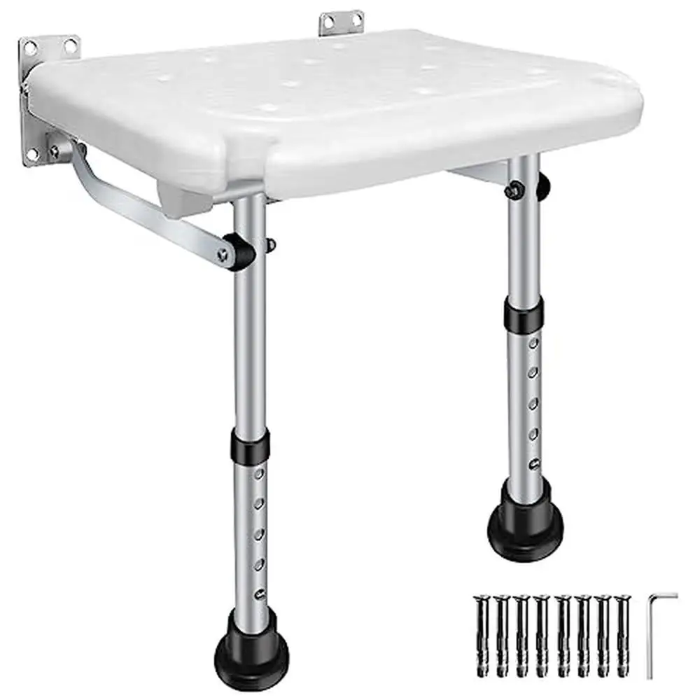 Adjustable Folding Bathroom Shower Seat with Non-Slip Legs Wall-Mounted Safety Stool Elderly and Disabled 400lb Capacity