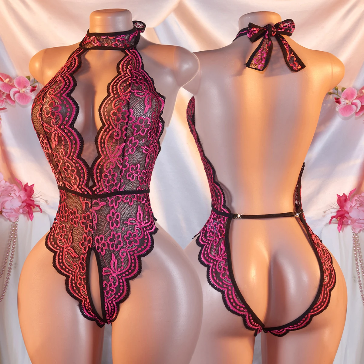 Body sexy erotico stile scollo a V profondo senza schienale da donna Pizzo trasparente Crotchless Seducente Data Lingerie Camicia da notte di un pezzo