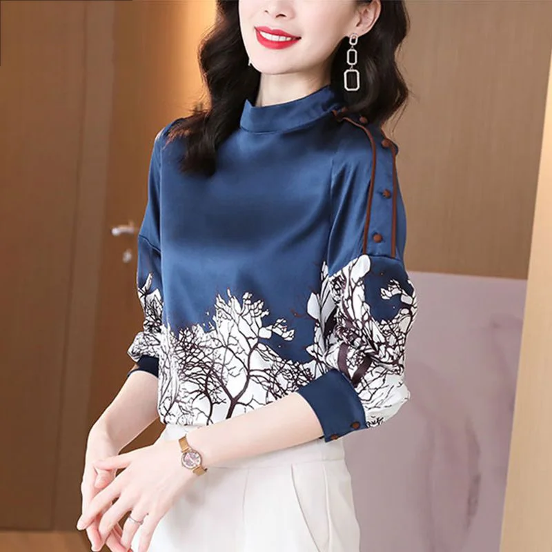 Vintage Printed Long Sleeved Blouse Spring Autumn Women\'s Clothing Versatile Stand Collar Floral Button Pullover Blue Shirt