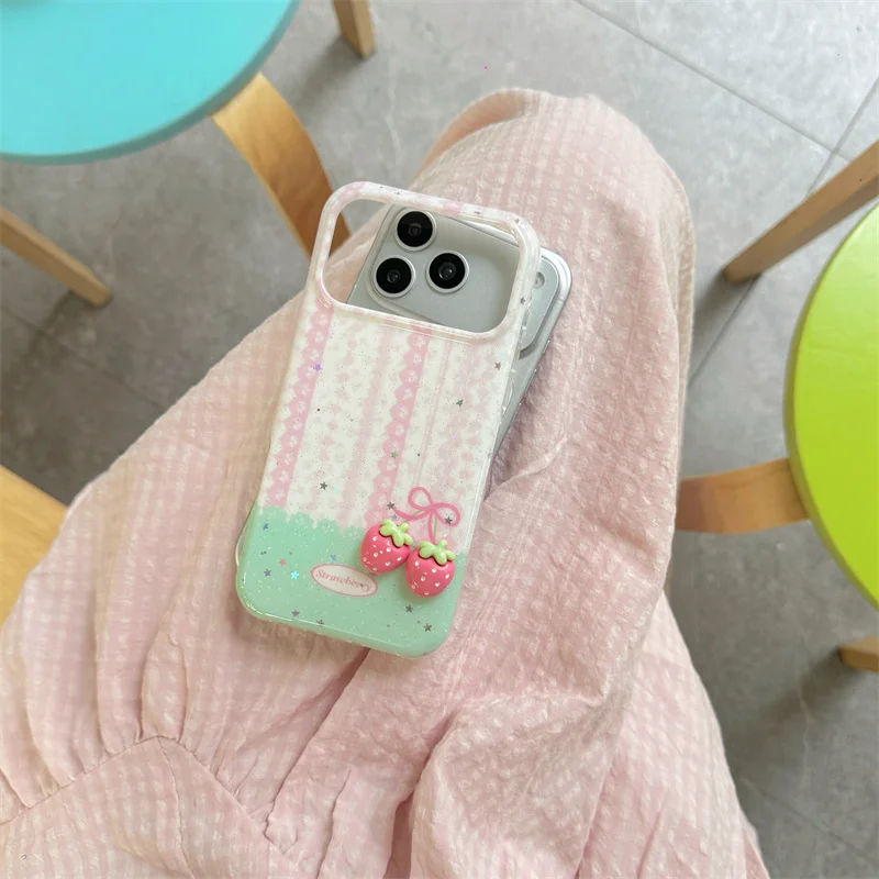 

Cute 3D Strawberry Decor Pink Green Phone Case Clear Glitter Shockproof Cover For iPhone 15 16 17 Pro Max For Girls