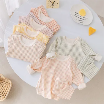 새로운 2024 어린이 잠옷 정장 소년 홈웨어 1-5 Y 소녀 격자 무늬 속옷 2Pcs 탑 + 바지 어린이 긴 소매 티셔츠 정장