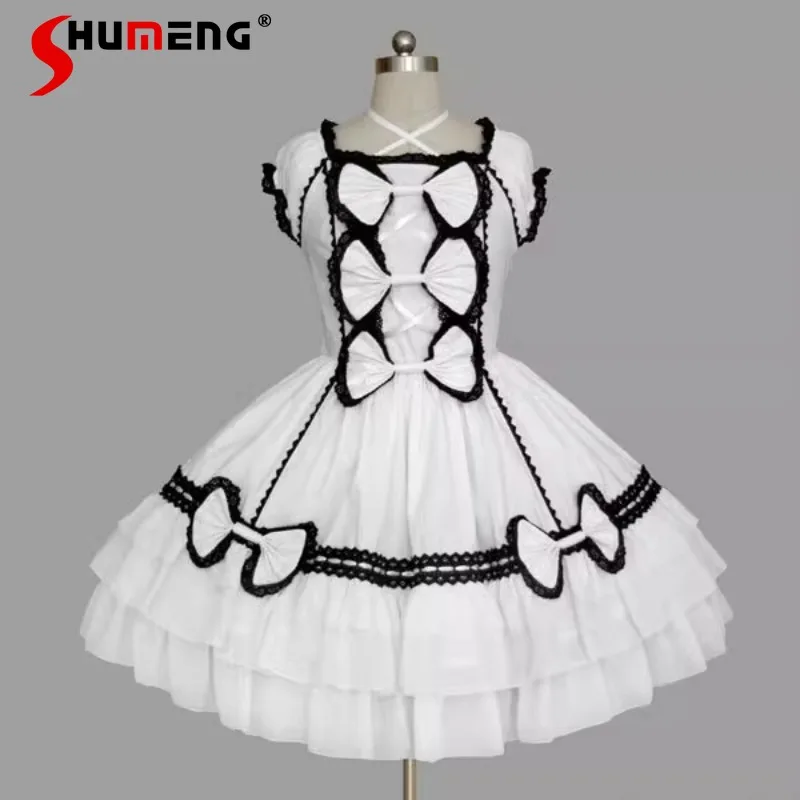 

2025 New Lolita Dress Vintage Gothic Lace Show Vestidos Short Sleeved Elegant Chic Clothes Women's Slimming Kawaii Black Dresses