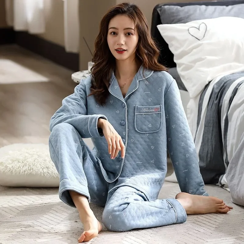 2024 New Autumn Winter Women's Pajamas Three Layers Pure Cotton Thickened Warm Air Cotton Interlayer Thin Cotton Set Homewear