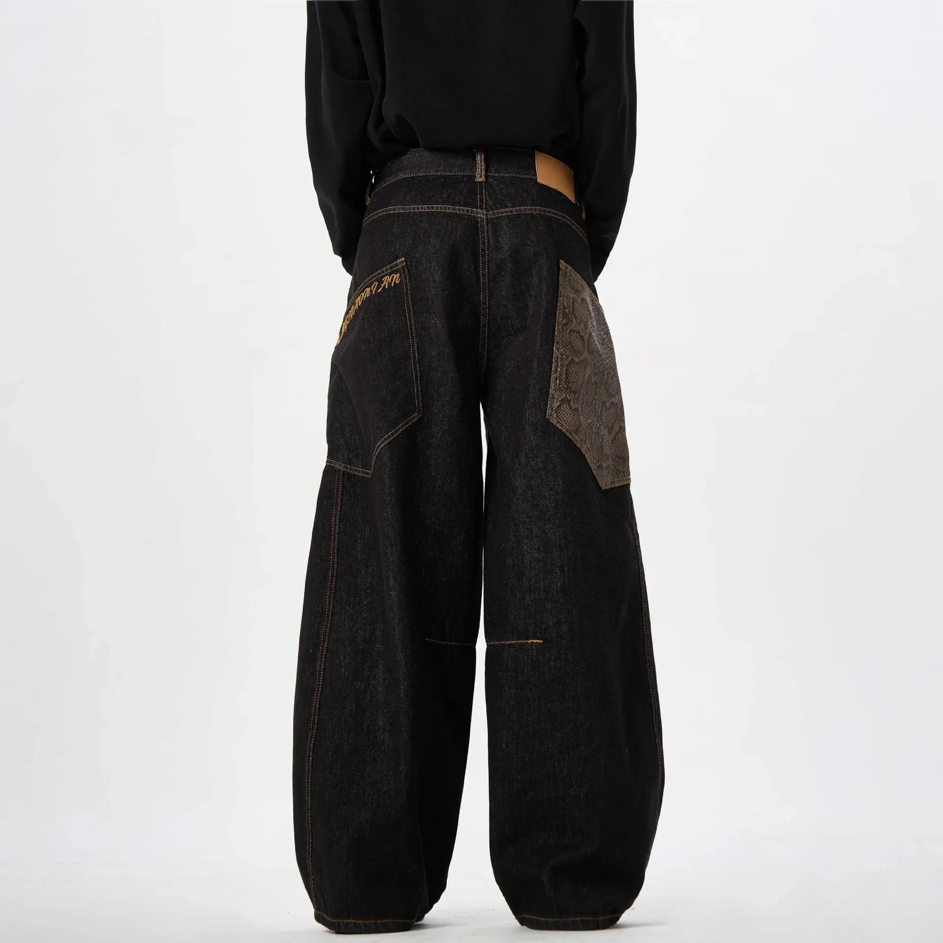 Amerikaanse retro jeans, heren lente- en herfststijl gepersonaliseerde straat gebogen gesneden geruite patchwork patch broek met wijde pijpen