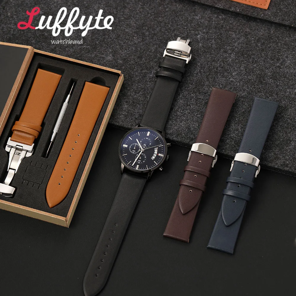 Ultra-thin Men Women Synthetic Leather Watch Strap 18mm 20mm 22mm with Butterfly Clasp Gift Packing Box Business Wristband