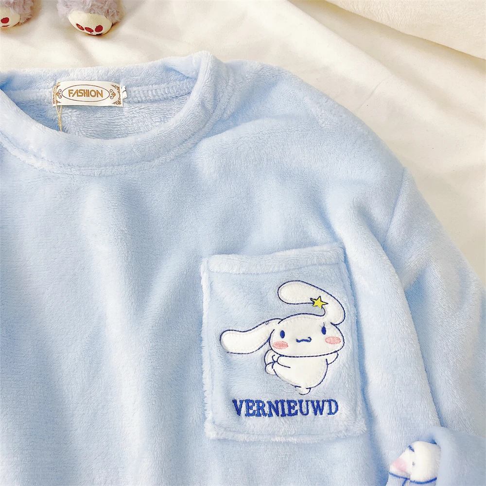 Cute Cartoon Pajamas Kawaii Sanrio Kuromi My Melody Cinnamoroll Flannel Pullover Warm Thick Pajamas Homewear Girl Heart Gift