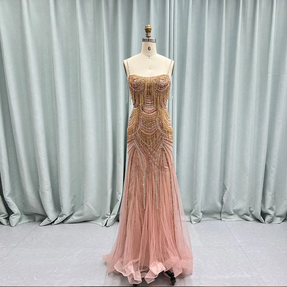 YQLNNE Rose Gold Pendants Evening Dresses Long Mermaid Spaghetti Tulle Crystals Formal Evening Party Gown Lace-up