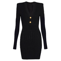 SML Two Colors High Quality Fashion High Elastic Knitted Fabric V-Neck Button Long Sleeve Slim Fit Casual Women's Dress