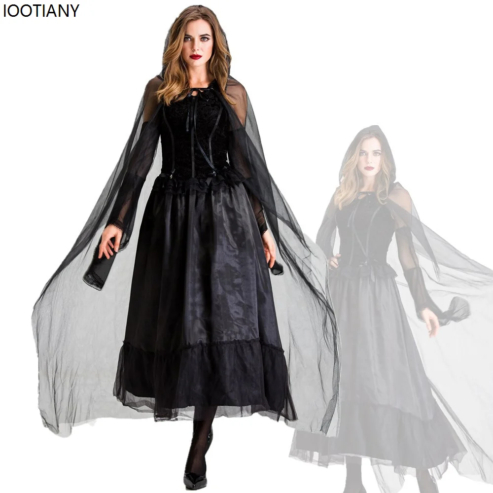 

Halloween Evil Witch Cosplay Dress With Cape Women Sexy Gothic Dark Style Castle Queen Fancy Dress Carnival Party Stage Dress Up