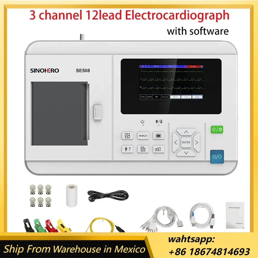 SE508 3 Channel Electrocardiograph 12lead ECG Machine EKG Cardiac Monitor 4.3'' Color LCD Display with Thermal Printing